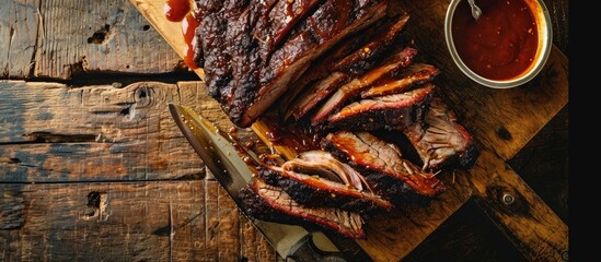 Homemade Smoked Barbecue Beef Brisket with Sauce. with copy space image. Place for adding text or design