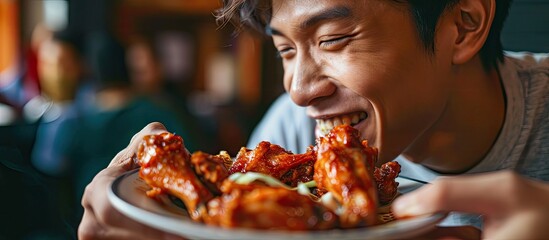 Happy Asian man eating BBQ chicken wings in restaurant. with copy space image. Place for adding...