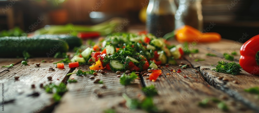 Poster Lentil salad with cucumber bell pepper and coriander leaves on rustic wooden table Selective focus. with copy space image. Place for adding text or design