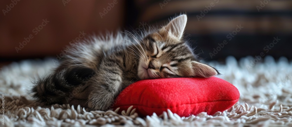 Aufkleber Little kitten sleeping on the red heart shaped pillow. with copy space image. Place for adding text or design