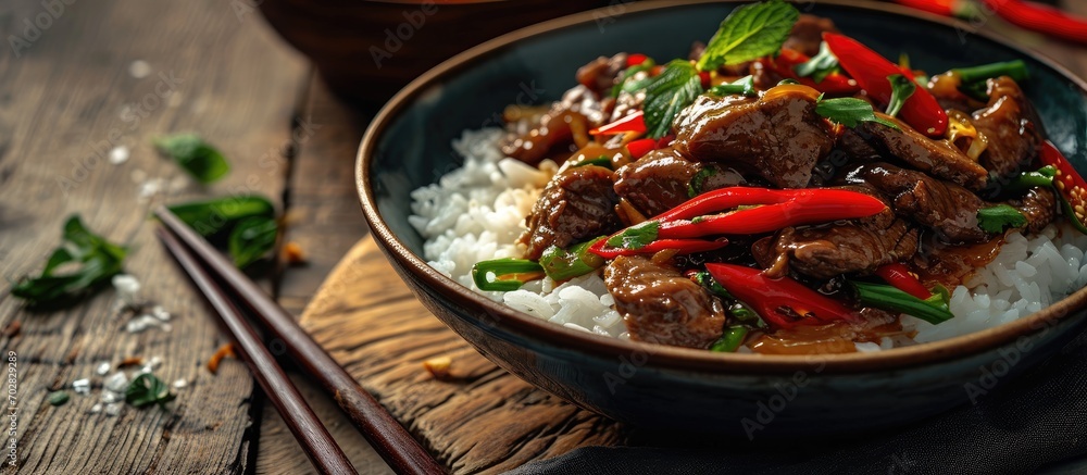Poster homemade chinese pepper steak with white rice. with copy space image. place for adding text or desig