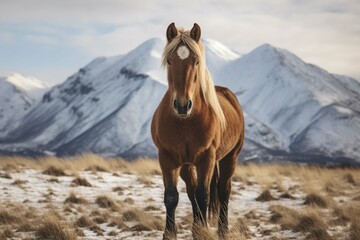 Portrait of horse standing in field by mountain during winter