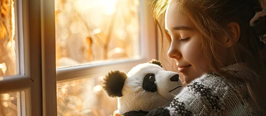 Gartenposter Happy woman smelling her freshly washed panda plush she just took it out from the washing machine. with copy space image. Place for adding text or design © vxnaghiyev