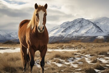 Portrait of horse standing in field by mountain during winter