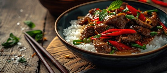 Homemade Chinese Pepper Steak with White Rice. with copy space image. Place for adding text or design - obrazy, fototapety, plakaty