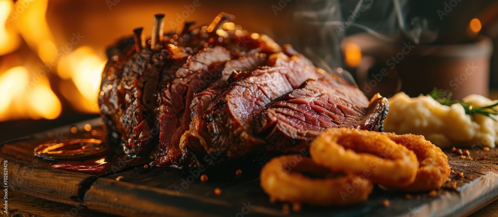 Poster Modern style barbecue dry aged sliced roast beef with fried onion rings and mashed potatoes as closeup on a plate. with copy space image. Place for adding text or design