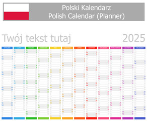 2025 Polish Planner Calendar with Vertical Months on white background