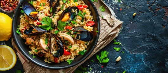 Mediterranean dish risotto pilaf with mussels in a plate with lemon slices and parsley close up Italian Greek Moroccan cuisine. with copy space image. Place for adding text or design