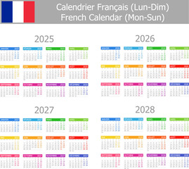 2025-2028 French Type-1 Calendar Mon-Sun on white background
