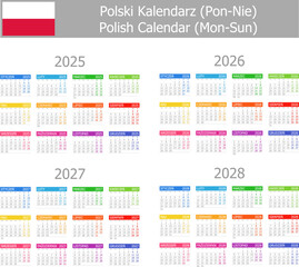 2025-2028 Polish Type-1 Calendar Mon-Sun on white background