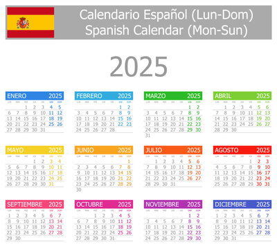 2025 Spanish Type-1 Calendar Mon-Sun on white background