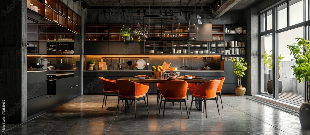 Poster modern kitchen combined with the dining room in dark and light colors with orange chairs and glass c