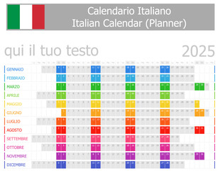 2025 Italian Planner Calendar with Horizontal Months on white background