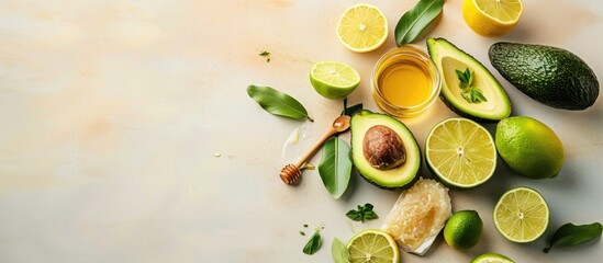 Homemade cosmetic mask with fresh avocado green lime slices fruits ingredients on white desktop jars with essential oil and honey skincare hair treatment. with copy space image - obrazy, fototapety, plakaty
