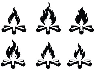 Set of black and white campfire icon. Campfire silhouettes - obrazy, fototapety, plakaty