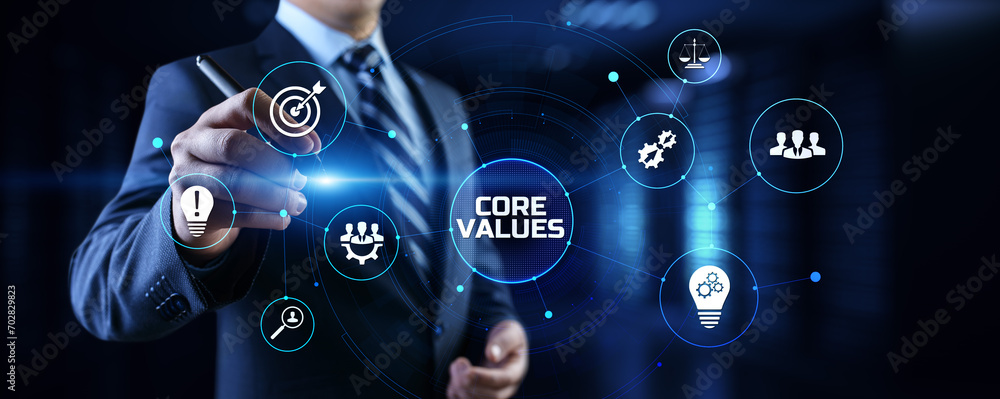 Poster core values responsibility innovation. businessman pressing button on screen.