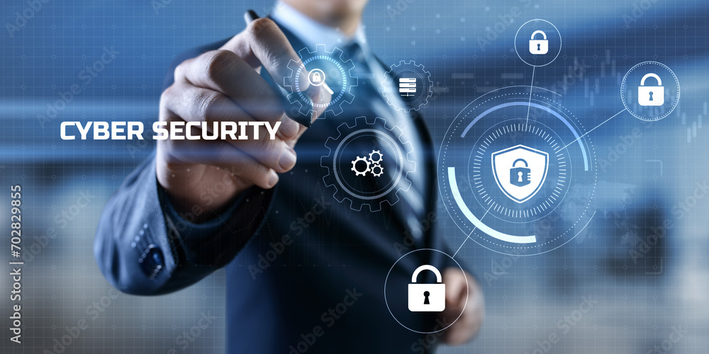 Poster cyber security access control data protection personal information privacy concept. businessman pres
