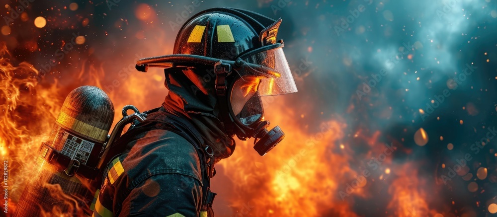 Poster holding the fire hose securely on their shoulder the firefighter showcases their expertise and readi