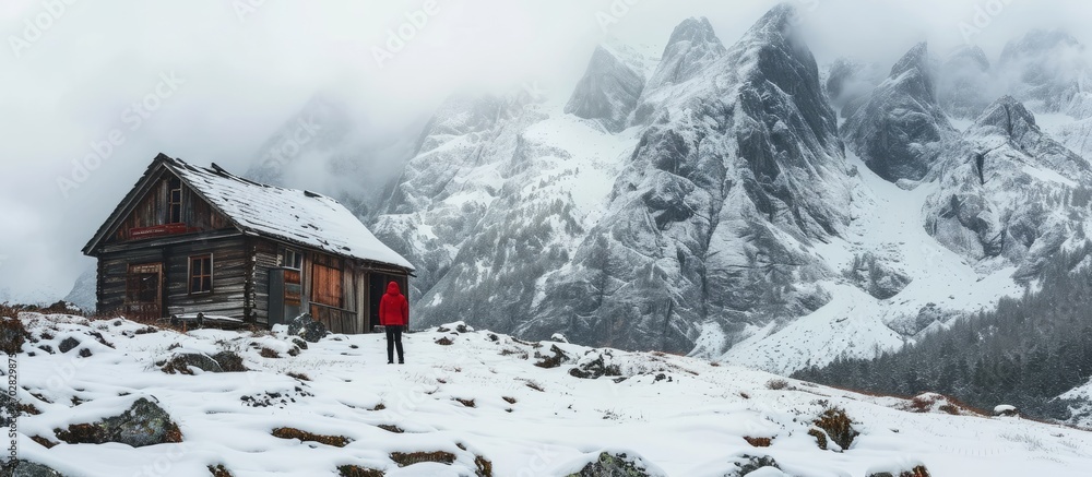 Poster minimalistic winter landscape with wooden cabin and tourist in red jacket in snowy mountains cloudy 