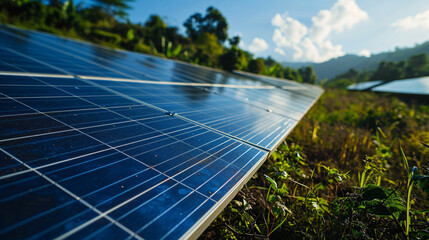 solar panels on the field, sunset or sunrise 