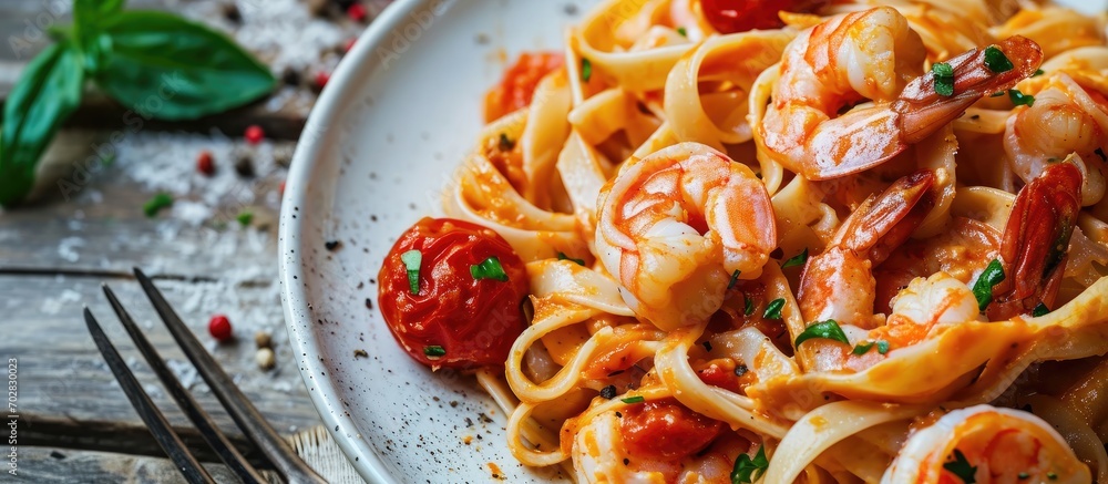 Poster Italian pasta fettuccine in a creamy sauce with shrimp and tomato. with copy space image. Place for adding text or design