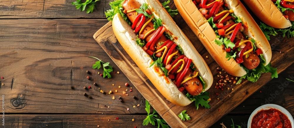 Aufkleber hot dogs on a wooden board surrounded by spices and vegetables such as tomatoes peppers and onions. 