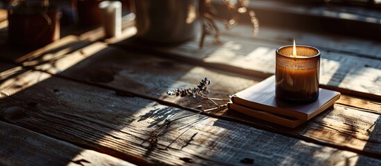 Magazine and book mockup design Blank magazine on modern wooden table with candles shadow overlay Mockup soy wax candle in natural style. with copy space image. Place for adding text or design