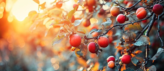 Japanese apricot fruit Young fruits of Ume on the tree. with copy space image. Place for adding text or design - obrazy, fototapety, plakaty