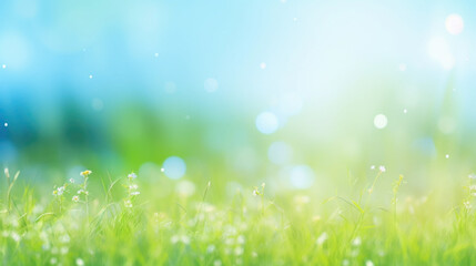 Beautiful sunny spring meadow with green grass and blue sky. Abstract background with light bokeh and space for text. - obrazy, fototapety, plakaty