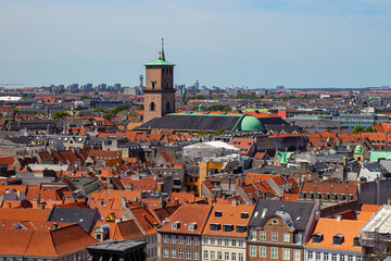The Church of Our Lady (Danish: Vor Frue Kirke) in Copenhagen, Denmark. Aerial view of downtown of...