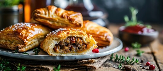 Tasty puff pastries with sausage filling on plate. - obrazy, fototapety, plakaty