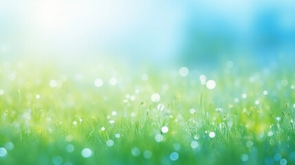 Fototapeta na wymiar Beautiful sunny spring meadow with green grass and blue sky. Abstract background with light bokeh and space for text.