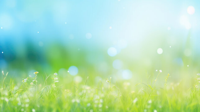 Beautiful sunny spring meadow with green grass and blue sky. Abstract background with light bokeh and space for text.