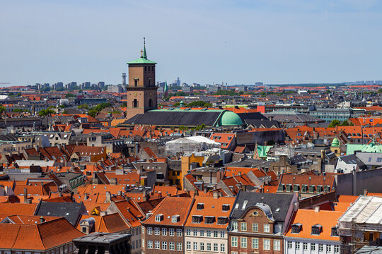 The Church of Our Lady (Danish: Vor Frue Kirke) Copenhagen, Denmark. Aerial view of downtown of Copenhagen from the observation deck of Christiansborg Slot Palace