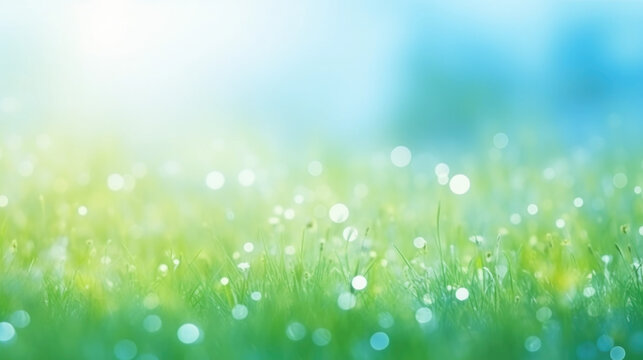 Beautiful sunny spring meadow with green grass and blue sky. Abstract background with light bokeh and space for text.