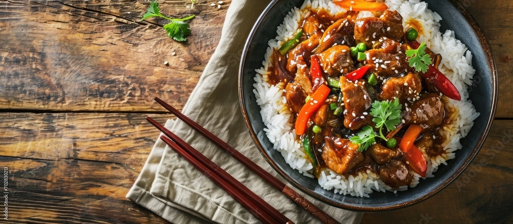 Aufkleber Homemade Chinese Pepper Steak with White Rice. with copy space image. Place for adding text or design