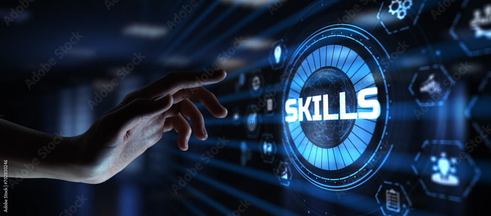 Poster skills personal development concept. hand pressing button on screen.