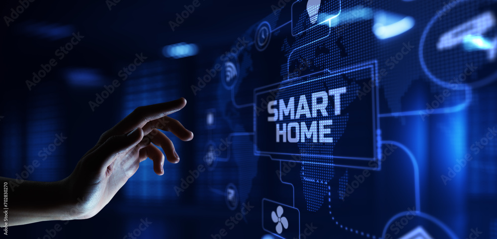 Poster smart home automation wireless control iot internet of things concept. hand pressing button.