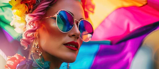 Fotobehang Happy drag queen celebrating gay pride holding banner with rainbow flag symbol of LGBTQ community Focus on banner. with copy space image. Place for adding text or design © vxnaghiyev