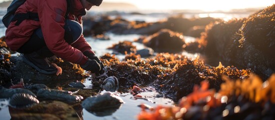 Marine biologist holding large sea star starfish echinoderm in intertidal rocky shore tide pools near ocean Research on ocean animals marine life Marine education or fieldwork on invertebrates