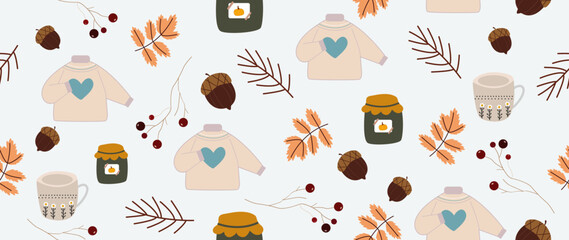 Vector flat illustration. Seamless background with different autumn things. Ideal for decorating fall festival decorations, invitations, banners, wall decorations and cards.