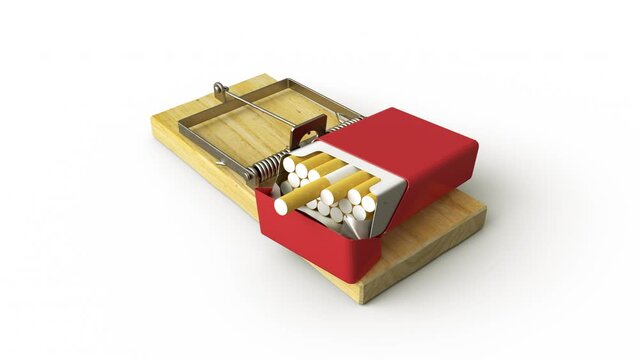 Cigarettes in a mousetrap. Concept of addiction, trap. The video contains an alpha mask.