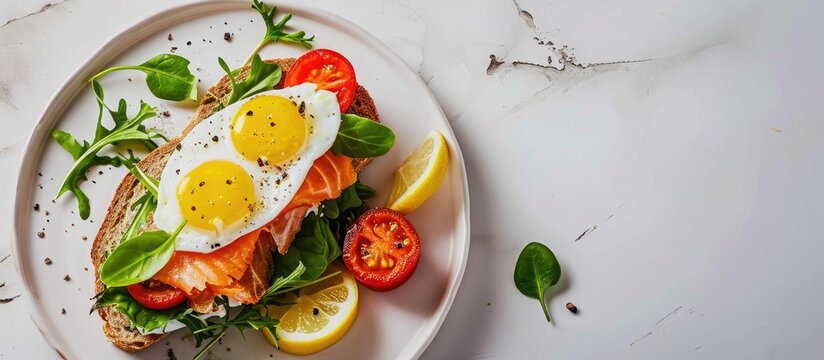 Healthy open salmon sandwich with cream cheese soft egg veggies and greens Delicious protein fish sandwich for breakfast or brunch top view copy space. with copy space image