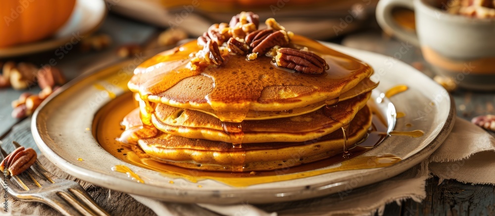 Fototapete homemade pumpkin pancakes with butter pecans and maple syrup. with copy space image. place for addin