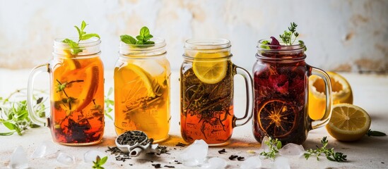 Homemade cold brew tea Set of various healthy summer drink cold slow brewed tea in mason jar summer cold or hot beverages on white background copy space. with copy space image - Powered by Adobe