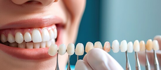 medicine dentistry and healthcare concept close up of dentist with tooth color samples choosing shade for male patient teeth at dental clinic. with copy space image. Place for adding text or design