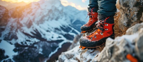 Hands female mountaineers wear crampons for boots before climbing the mountains in winter. with...