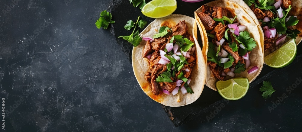 Leinwandbilder lengua chow beef tongue 3 street tacos mexican with cilantro lime wedge and onions. with copy space 