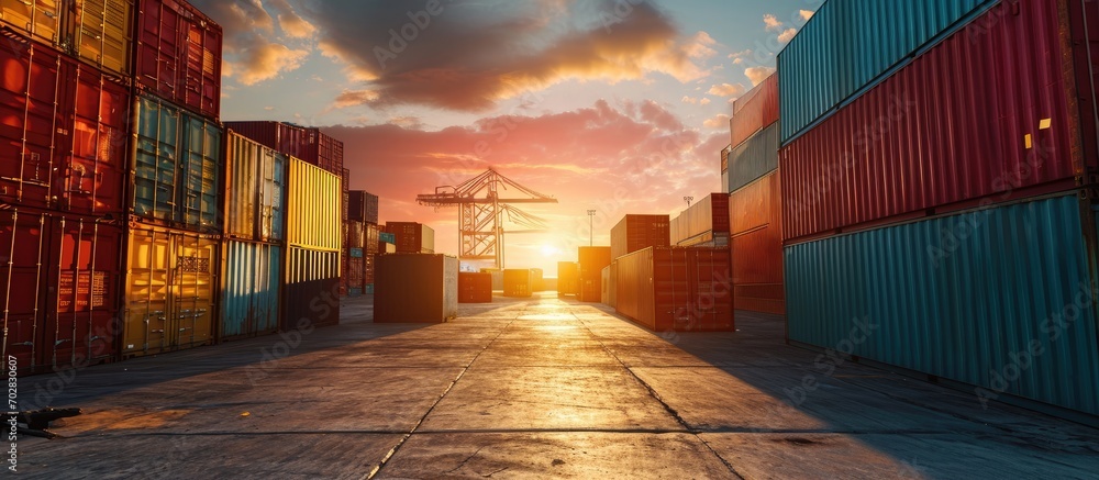 Poster Handling stack of container shipping Container shipping yard. with copy space image. Place for adding text or design