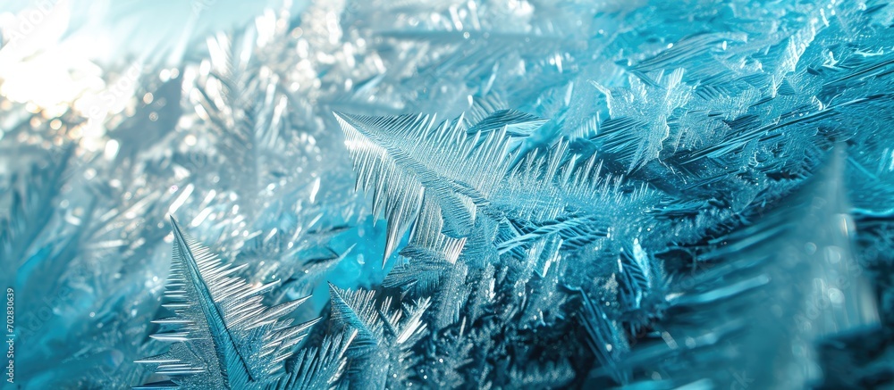 Poster Ice patterns on frozen glass Abstract ice pattern on winter glass as a background image Copy empty space for text. with copy space image. Place for adding text or design